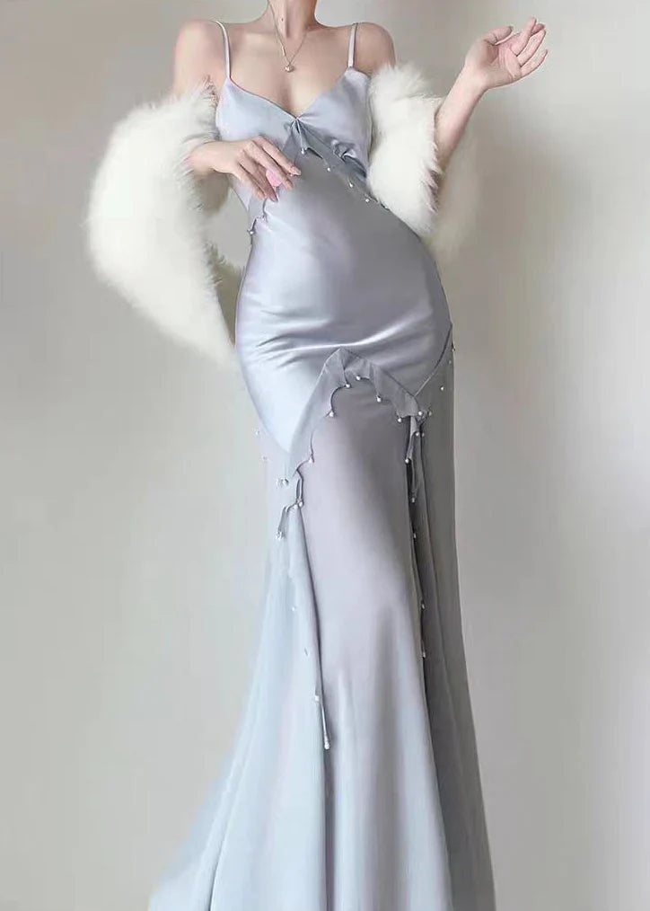 Robe Weitese rétro sirène bretelles spaghetti satin argent longue robe de bal robe de soirée